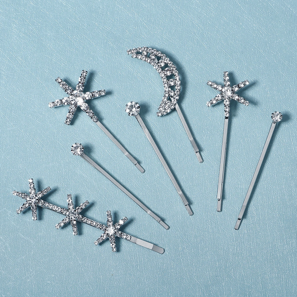 Pinza para el pelo con diamantes de imitación y forma de luna y estrella retro para mujer, conjunto de pinzas para el pelo minimalistas a la moda 1