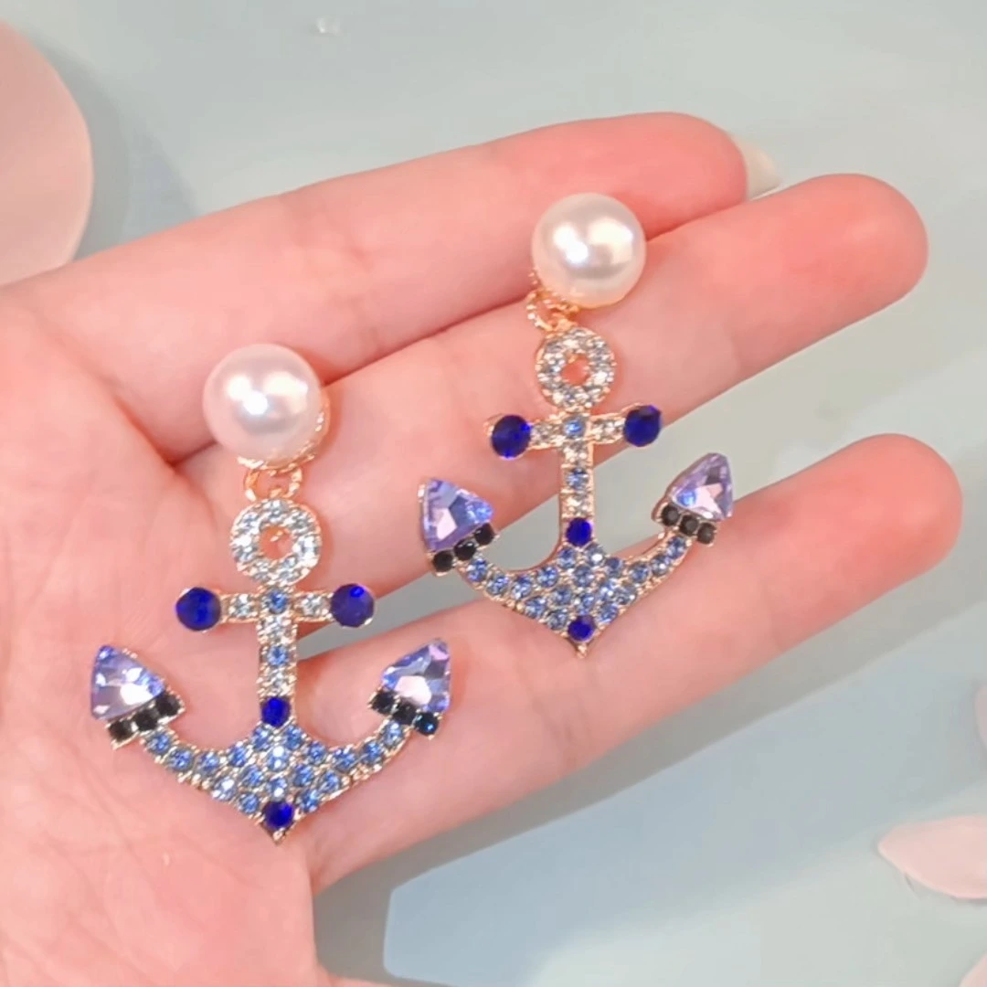Mode Ozean Stil Blau Strass Ohrringe Personalisierte Anker Design Mädchen Zubehör Frauen Schmuck 1