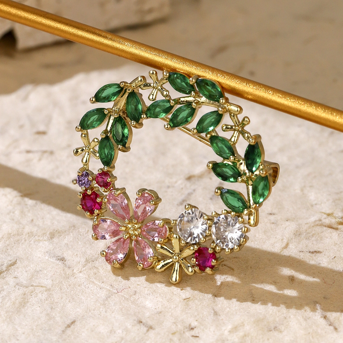 Delicate Golden Flower Design Colorful Zircon Brooch Elegant Women's Accessories Wholesale 1