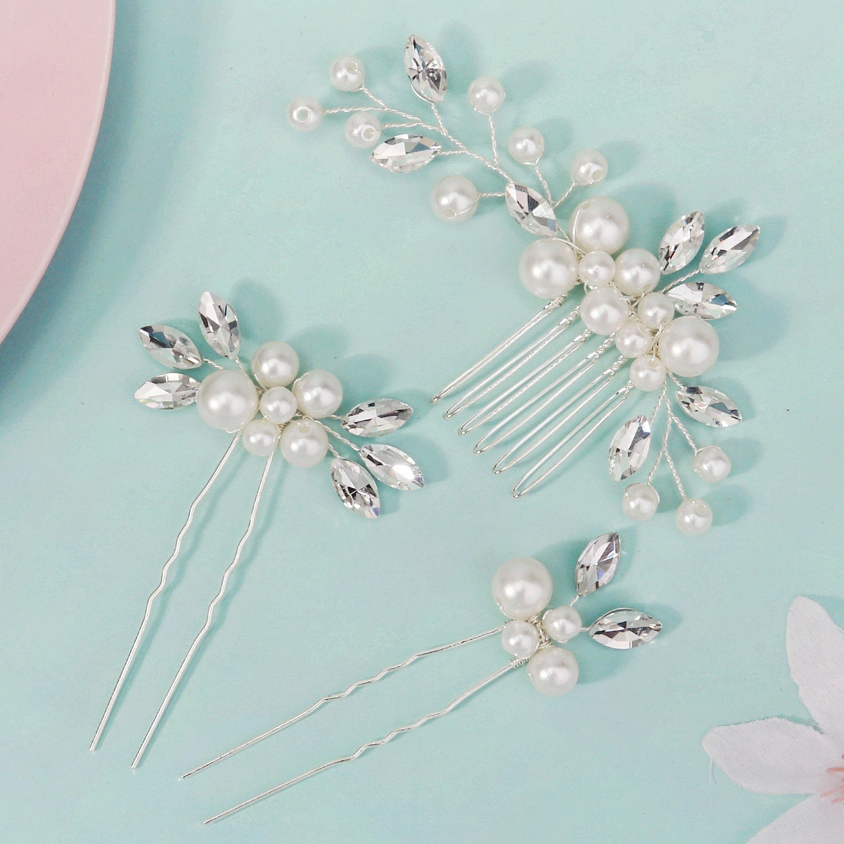 European American Braut Hochzeit Hochsteckfrisur Haar Zubehör Mode Kopfschmuck Perle Strass Haar Kamm Haarnadel Set 1