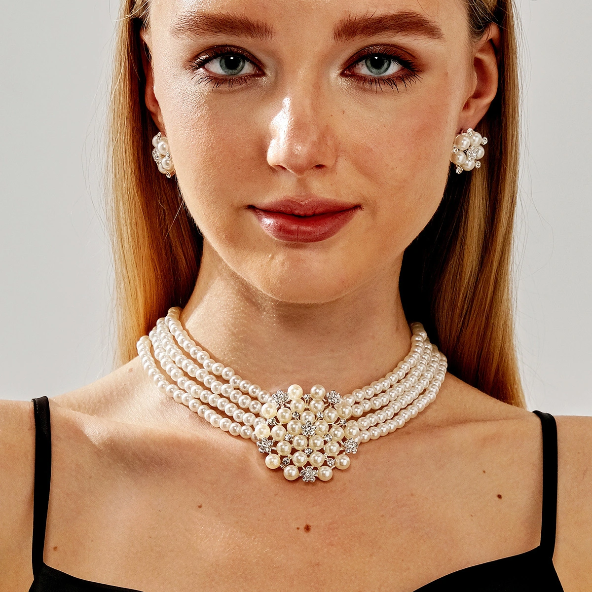 Neue mehrschichtige Perlenkette mit Ohrringen, Luxus-Hochzeits-Braut-Accessoires, Modeschmuck-Set 1